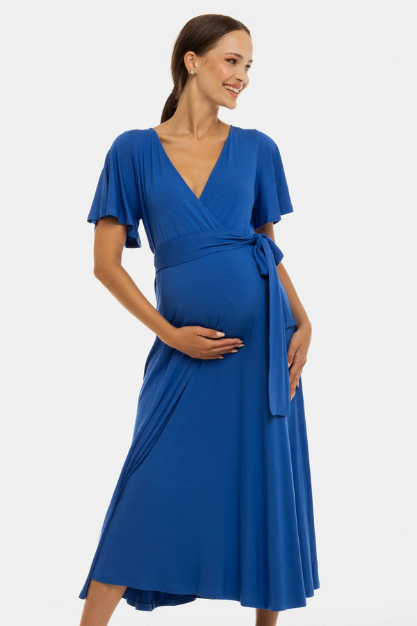 Дълга разкроена рокля за бременни и кърмещи - синя