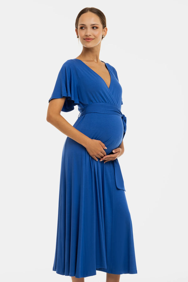 Дълга разкроена рокля за бременни и кърмещи - синя