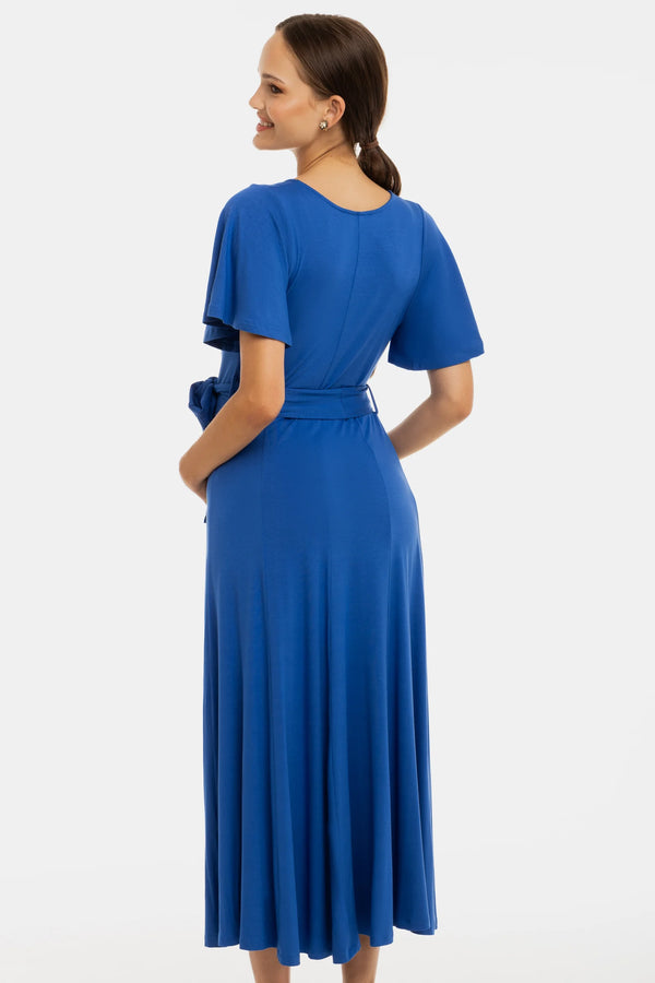 Дълга разкроена рокля за бременни и кърмещи - синя