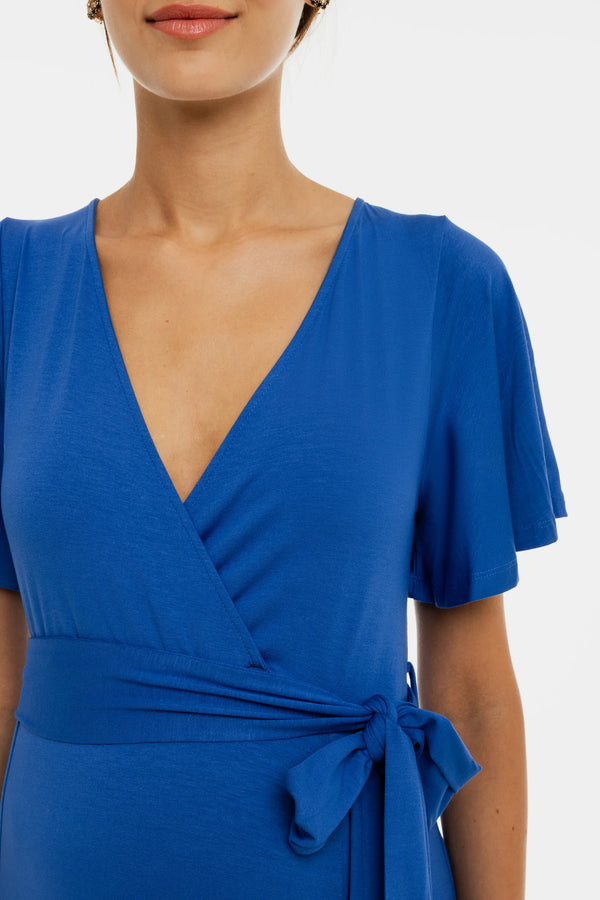 Дълга разкроена рокля за бременни и кърмещи - синя