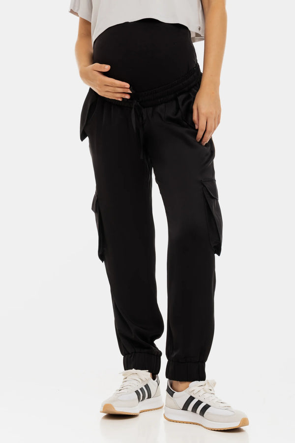 Сатенен карго панталон за бременни - черен