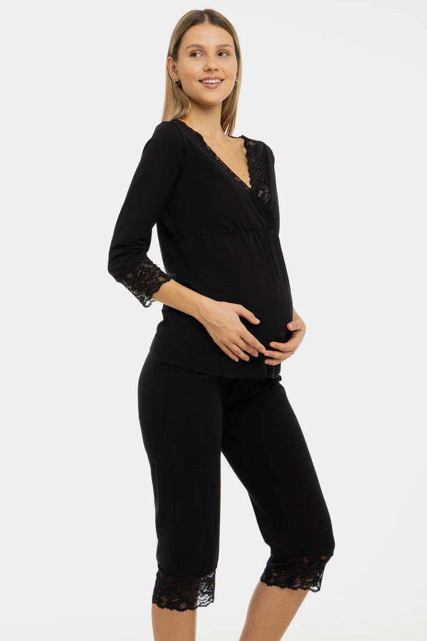 Памучен сет за бременни и кърмещи с дантела