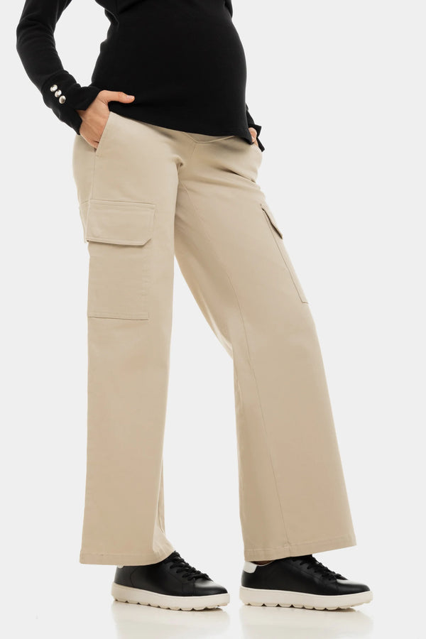 Памучен карго панталон за бременни - бежов