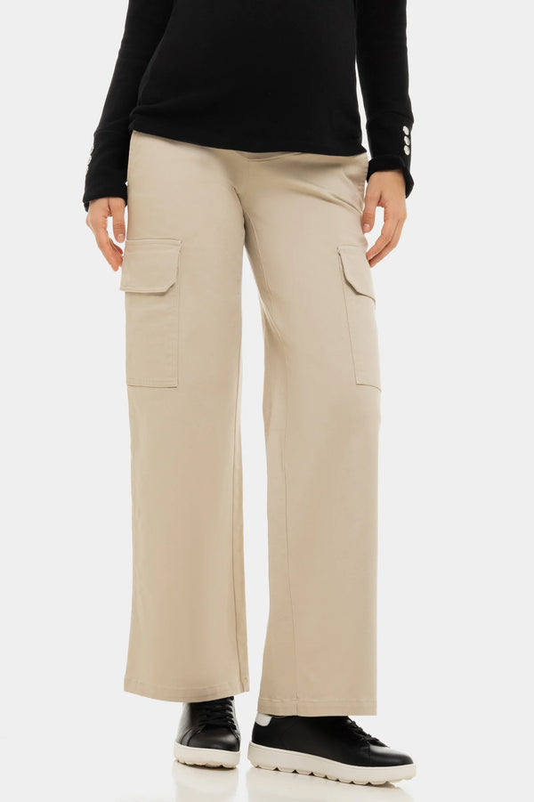 Памучен карго панталон за бременни - бежов