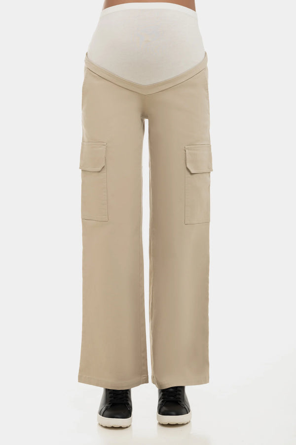 Памучен карго панталон за бременни - бежов