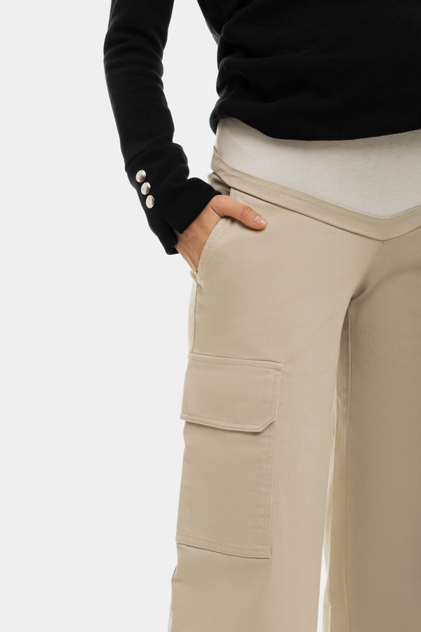 Памучен карго панталон за бременни - бежов
