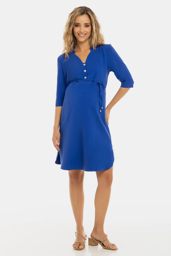 Еластична рокля за бременни и кърмещи с 3/4 ръкав - синя