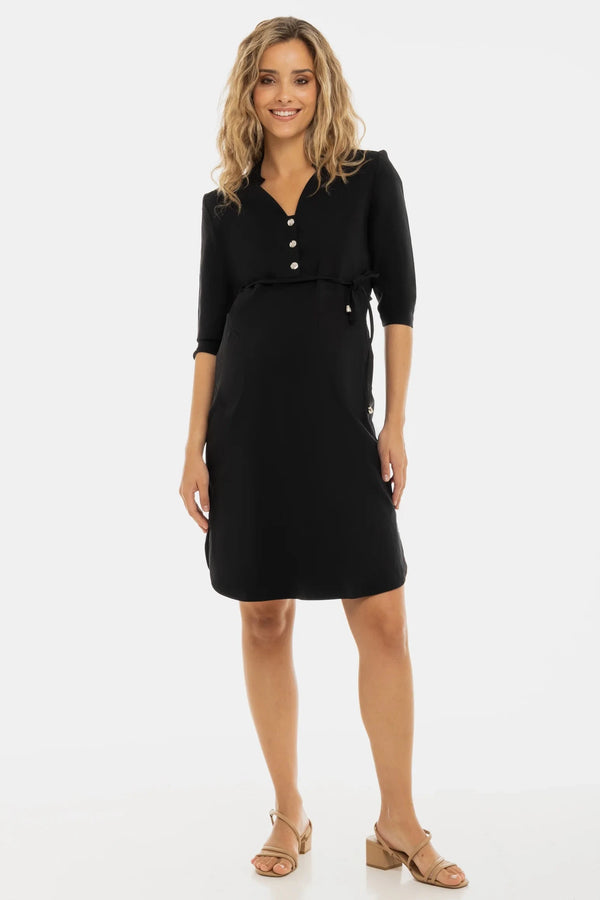 Еластична рокля за бременни и кърмещи с 3/4 ръкав - черна