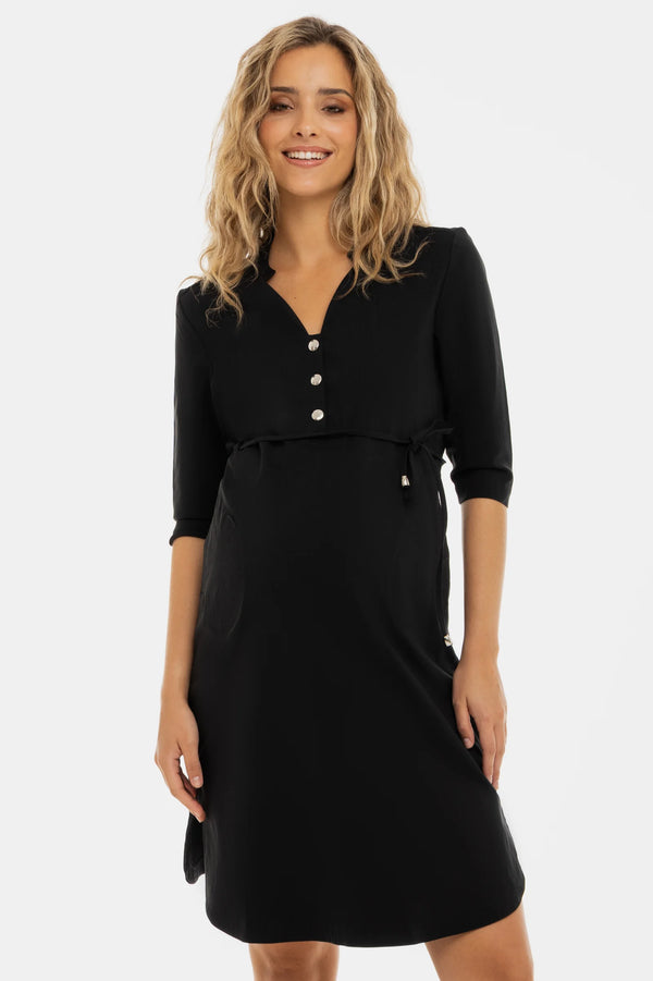 Еластична рокля за бременни и кърмещи с 3/4 ръкав - черна