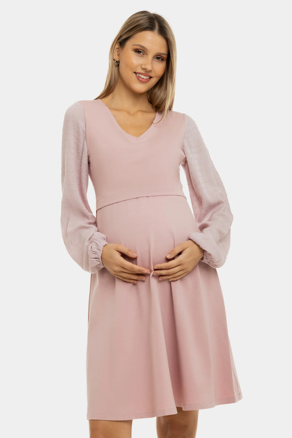 Рокля за бременни и кърмещи с елементи с точки - пепел от рози