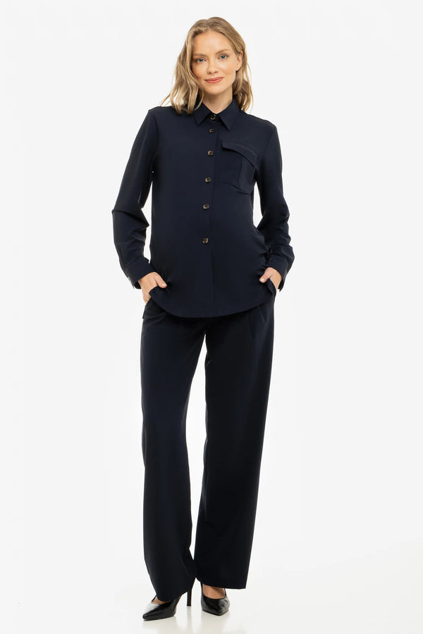 Разкроен еластичен панталон с плохи за бременни - тъмносин