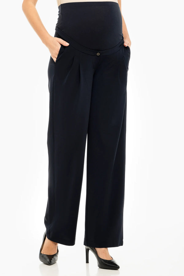 Разкроен еластичен панталон с плохи за бременни - тъмносин