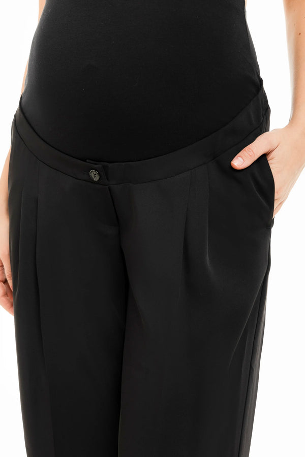 Разкроен еластичен панталон с плохи за бременни - черен