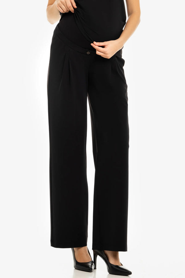 Разкроен еластичен панталон с плохи за бременни - черен