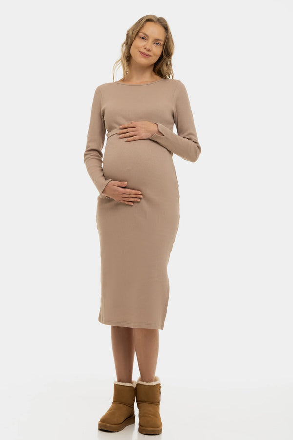 Дълга памучна рокля за бременни и кърмещи - пудра