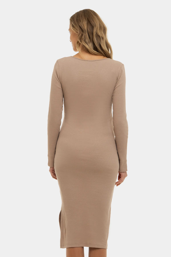 Дълга памучна рокля за бременни и кърмещи - пудра