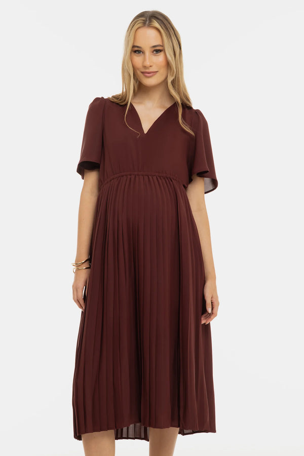 Официална плисирана рокля за бременни - кафява