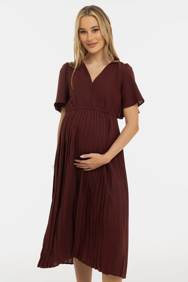 Официална плисирана рокля за бременни - кафява