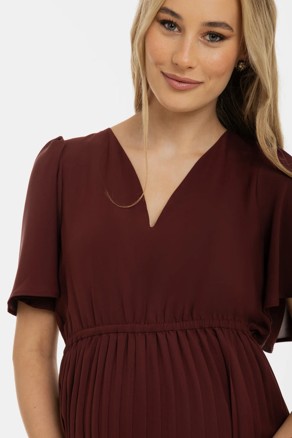 Официална плисирана рокля за бременни - кафява