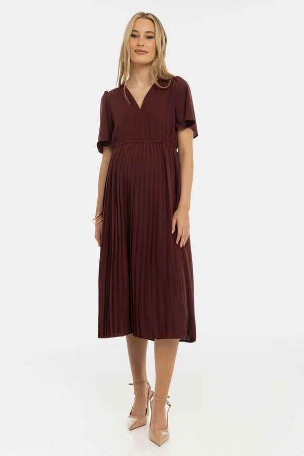 Официална плисирана рокля за бременни - кафява