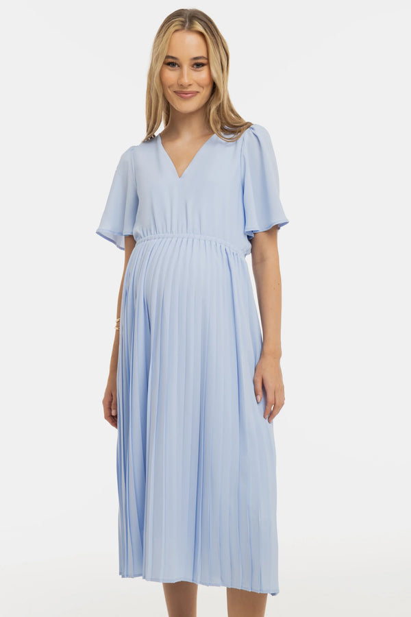 Официална плисирана рокля за бременни - небесносиня