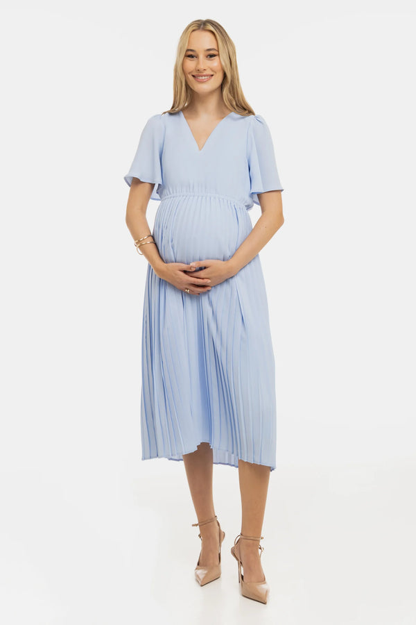 Официална плисирана рокля за бременни - небесносиня