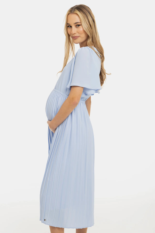 Официална плисирана рокля за бременни - небесносиня