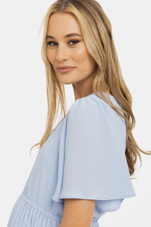 Официална плисирана рокля за бременни - небесносиня