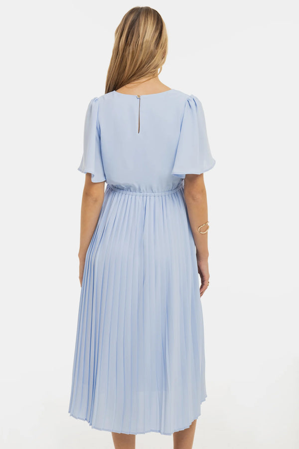 Официална плисирана рокля за бременни - небесносиня