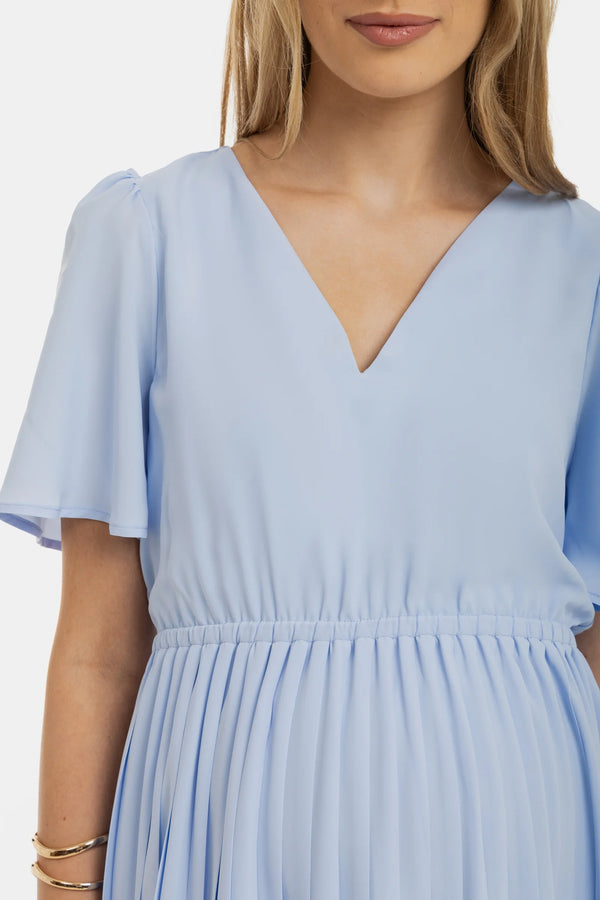 Официална плисирана рокля за бременни - небесносиня