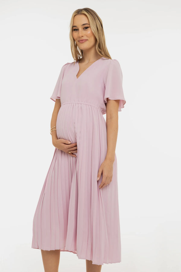 Официална плисирана рокля за бременни - светлорозова