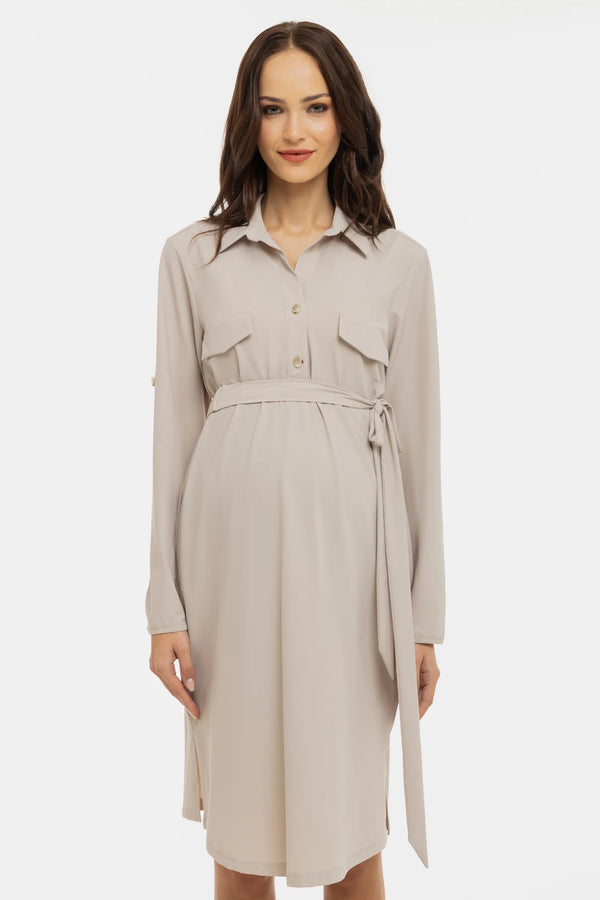 Еластична рокля с яка за бременни и кърмещи - бежова