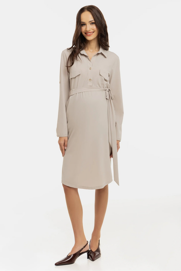 Еластична рокля с яка за бременни и кърмещи - бежова