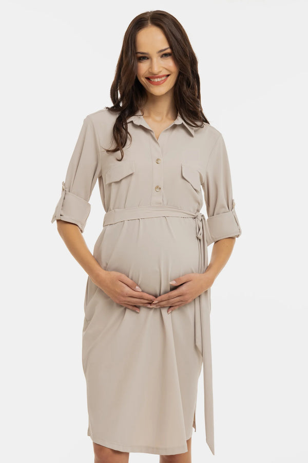 Еластична рокля с яка за бременни и кърмещи - бежова