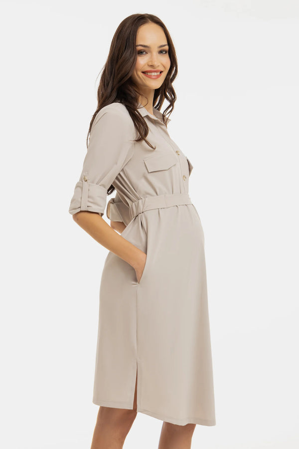 Еластична рокля с яка за бременни и кърмещи - бежова