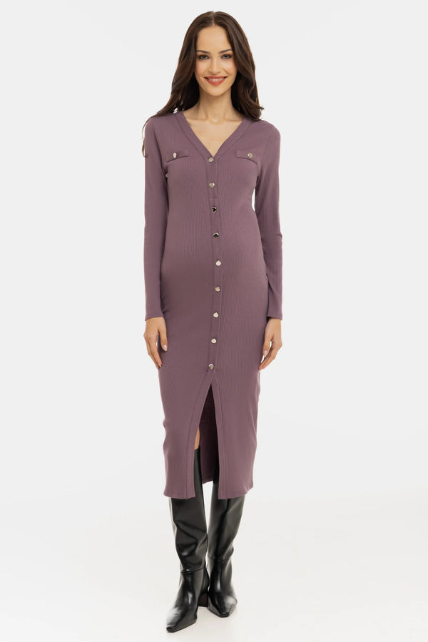 Памучна рипсена рокля за бременни и кърмещи – пепел от рози