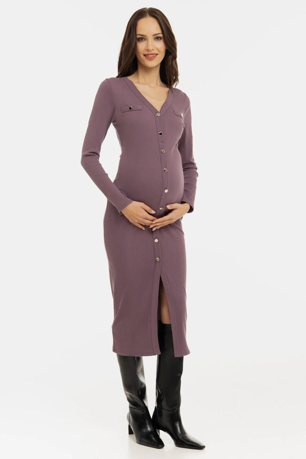 Памучна рипсена рокля за бременни и кърмещи – пепел от рози