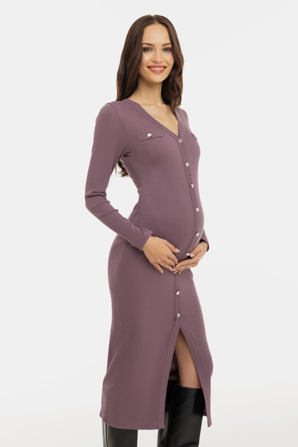 Памучна рипсена рокля за бременни и кърмещи – пепел от рози