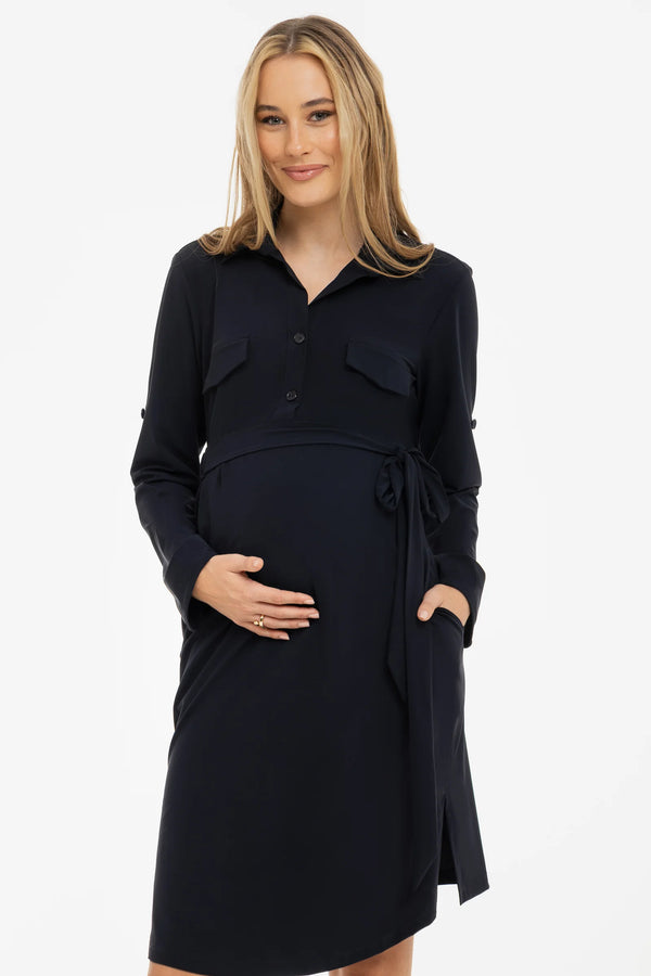 Еластична рокля с яка за бременни и кърмещи - тъмносиня