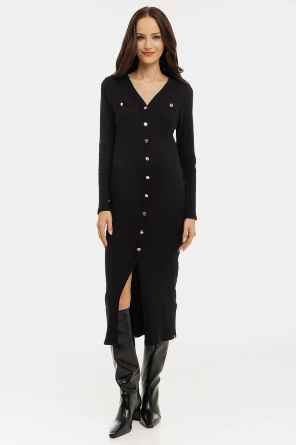 Памучна рипсена рокля за бременни и кърмещи - черна