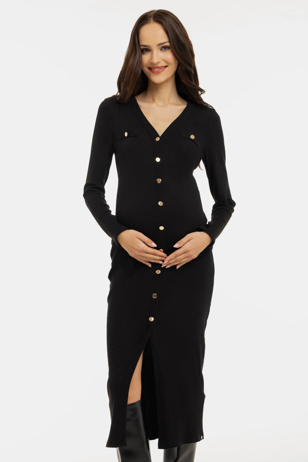 Памучна рипсена рокля за бременни и кърмещи - черна