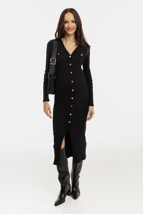 Памучна рипсена рокля за бременни и кърмещи - черна