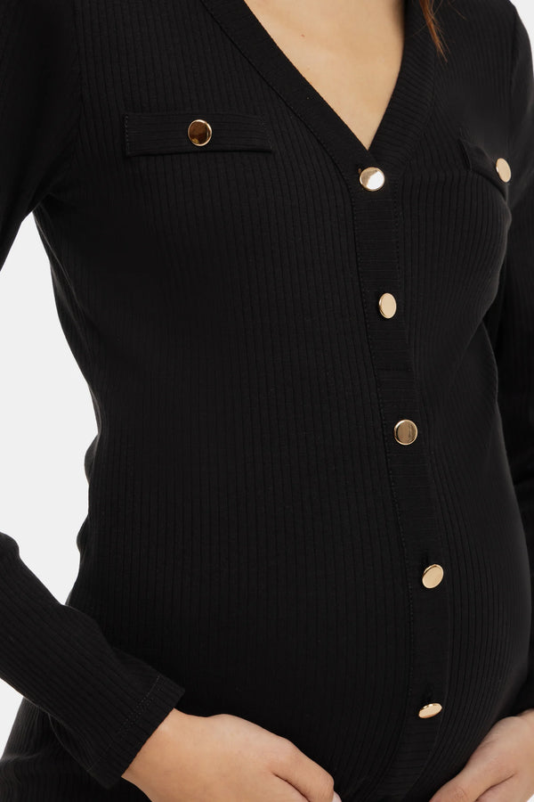 Памучна рипсена рокля за бременни и кърмещи - черна