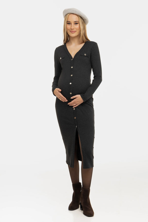 Плетена рокля за бременни и кърмещи с копчета – антрацит