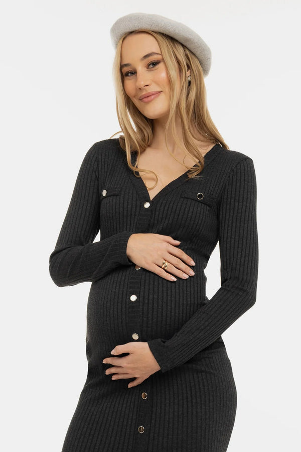 Плетена рокля за бременни и кърмещи с копчета – антрацит