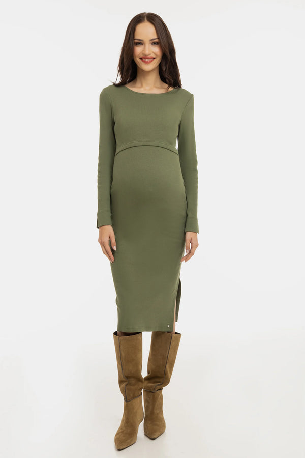 Рипсена памучна рокля за бременни и кърмещи - маслиненозелена