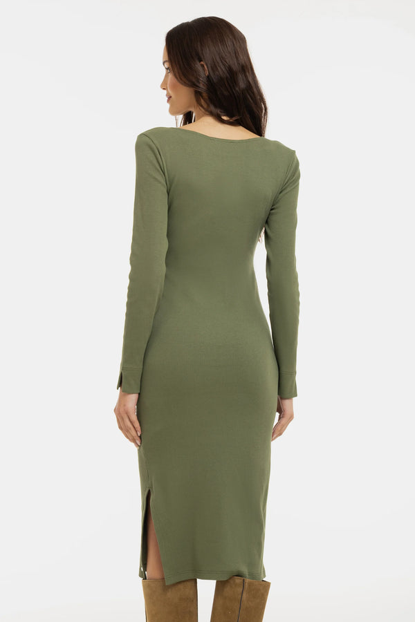 Рипсена памучна рокля за бременни и кърмещи - маслиненозелена