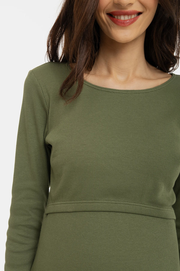 Рипсена памучна рокля за бременни и кърмещи - маслиненозелена