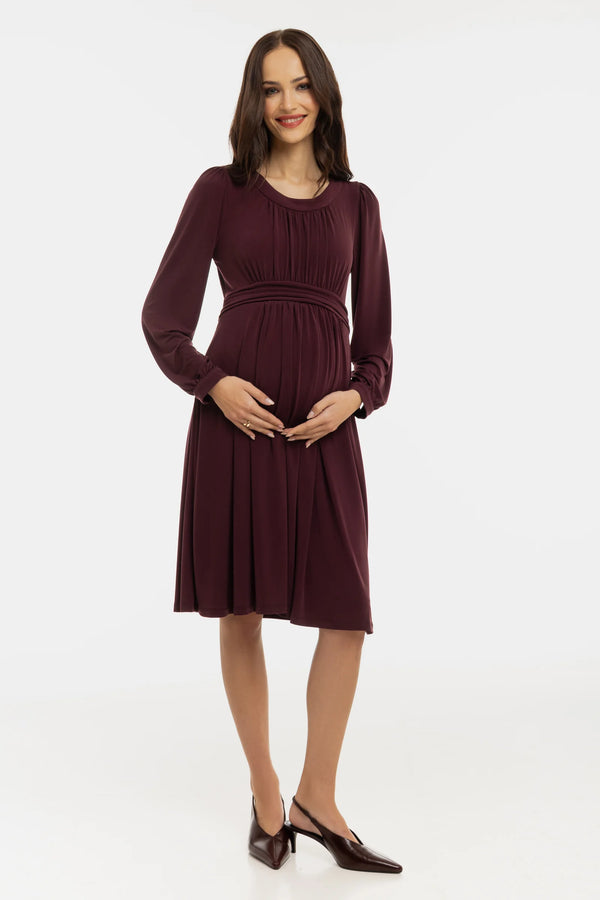 Елегантна рокля за бременни с набори - бордо