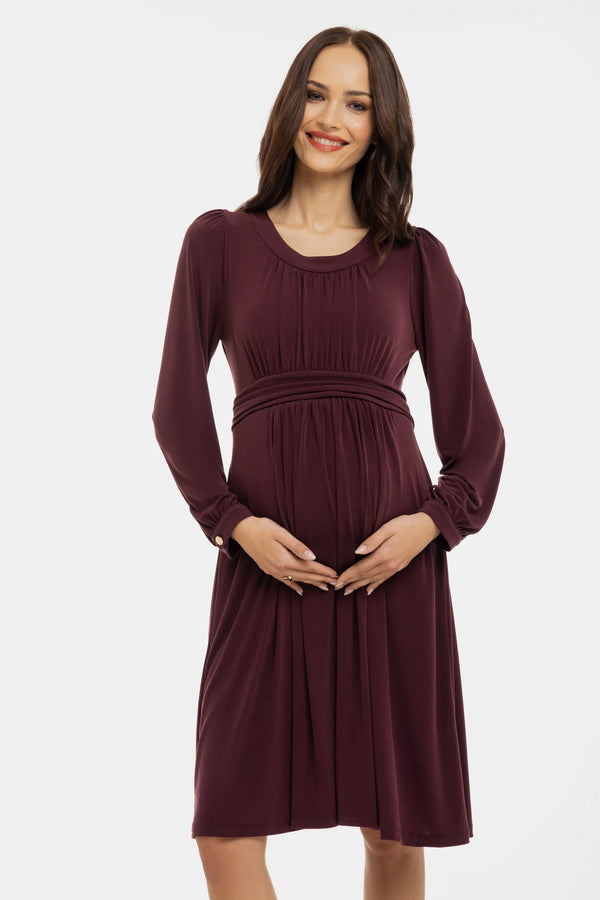 Елегантна рокля за бременни с набори - бордо